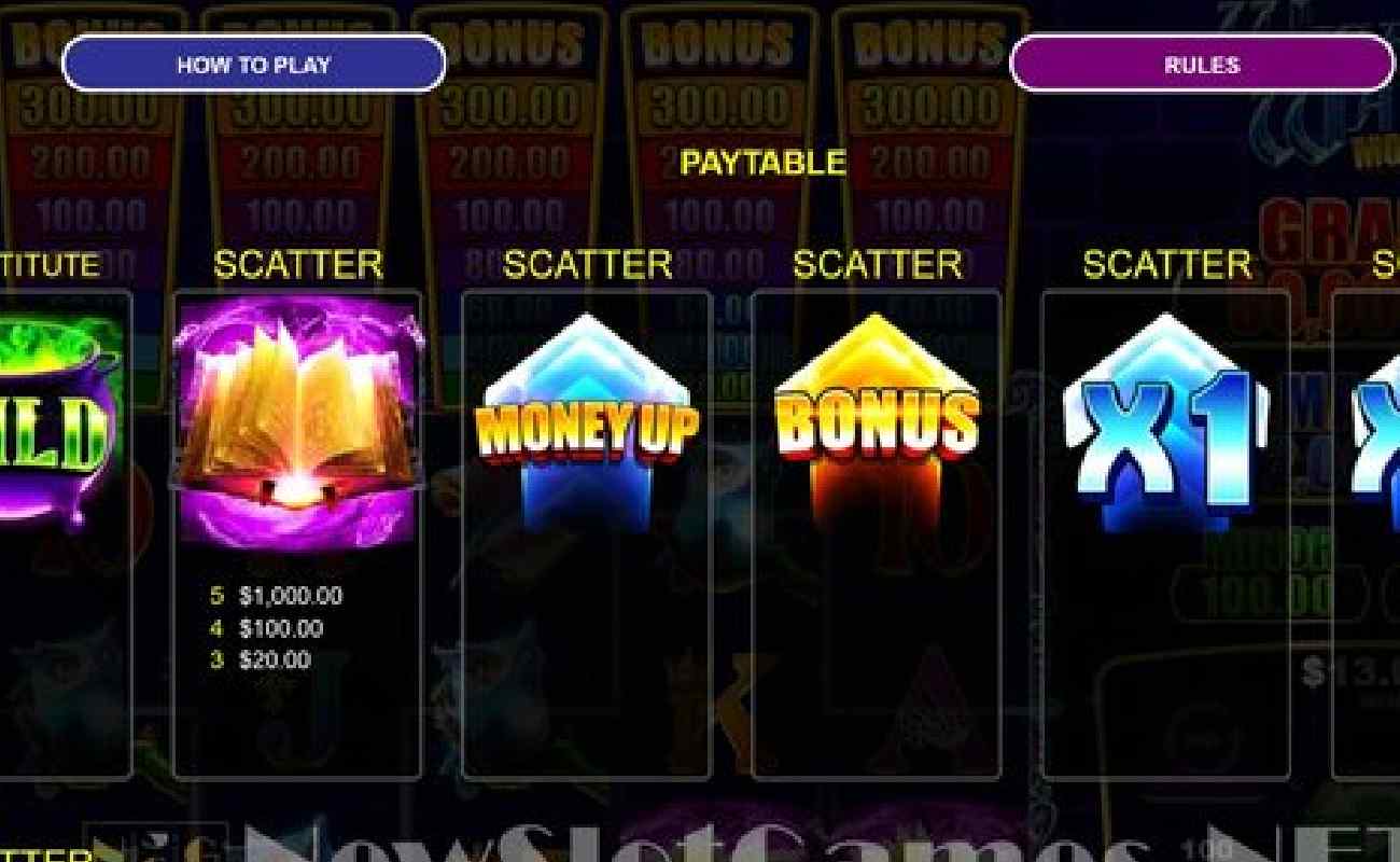 Game screen from Wizard’s Wand Money Up online slot showing features like the  scatter.