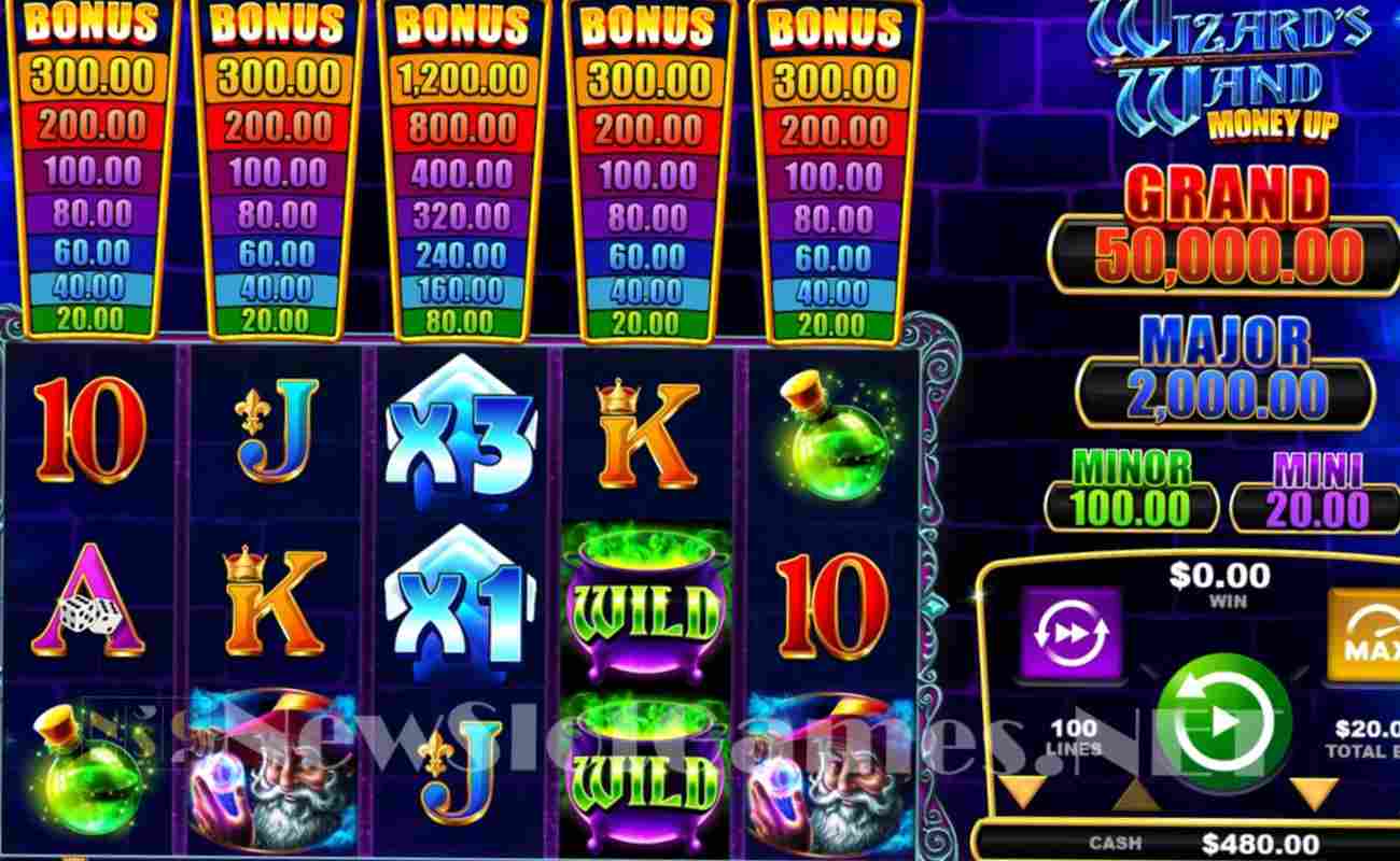The colorful reel screen of Wizard’s Wand Money Up.