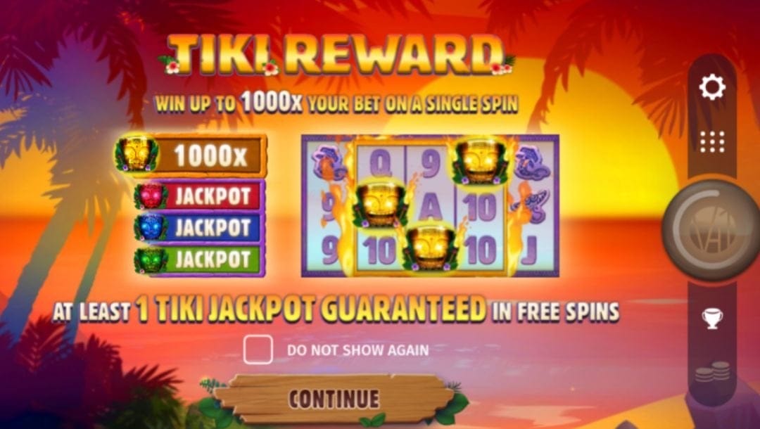 The loading screen for the Tiki Reward online slot game.