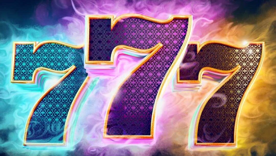 A 2-D illustration of three lucky 7s, one blue, one pink, and one yellow, with colored smoke behind them.