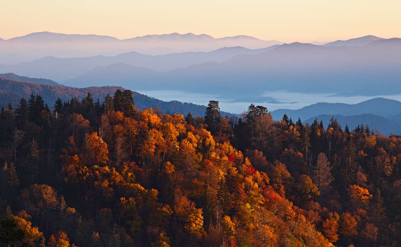 Sunrise over the Great Smoky Mountains in Tennessee in the fall.