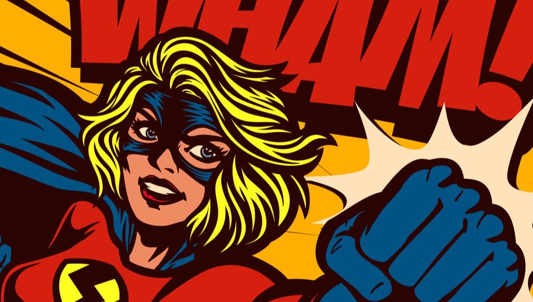 Pop art comic-book-style superheroine in a female superhero costume punching.