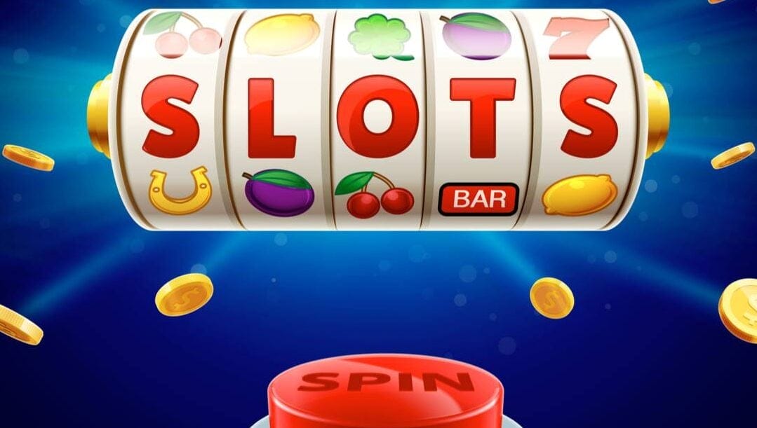 A slot reel, red spin button and gold coins against a blue background.