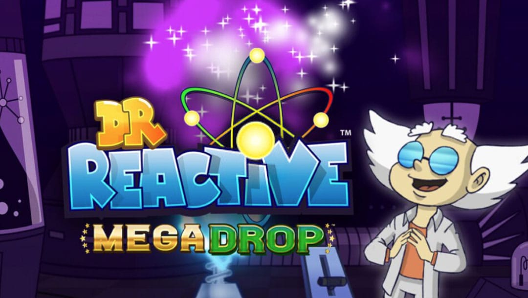 The title screen for the Dr Reactive Mega Drop slot game, featuring the title character standing in his laboratory, next to the game logo.