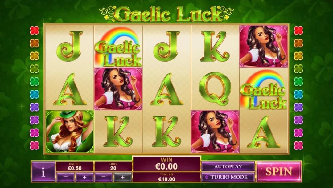 The basic gameplay screen of Gaelic Luck with A to 10 royal symbols, lucky lasses and a rainbow symbol.