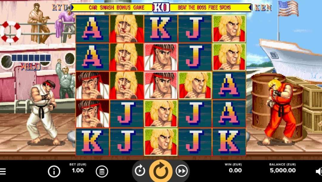 Screenshot of the reels in Street Fighter 2 online slot game by NetEnt.