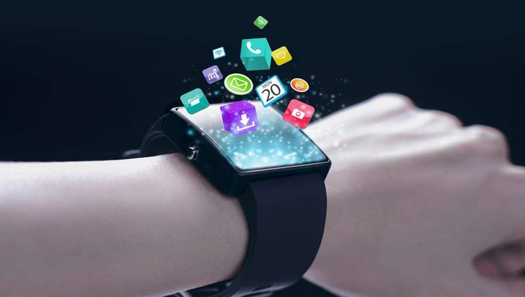 A smartwatch with various digital icons rising from the screen.