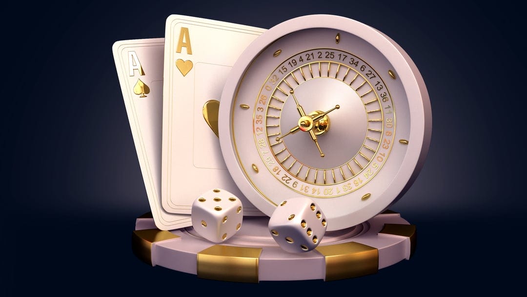 Two ace cards, a wheel, dice, and a chip in gold and white on a black background.