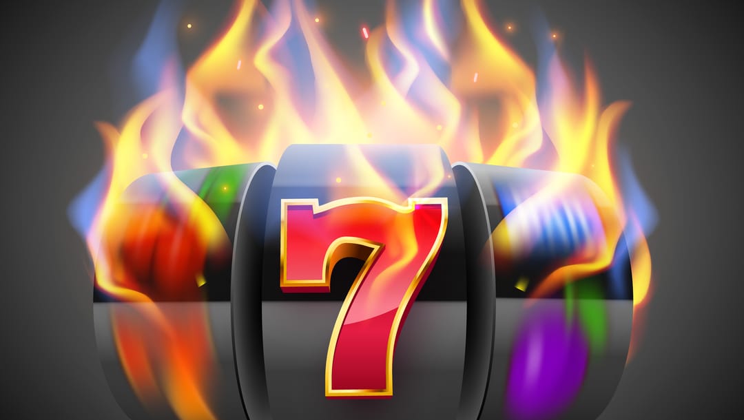 A stylized online slot reel showing a red 7 and flames rising from the reel.