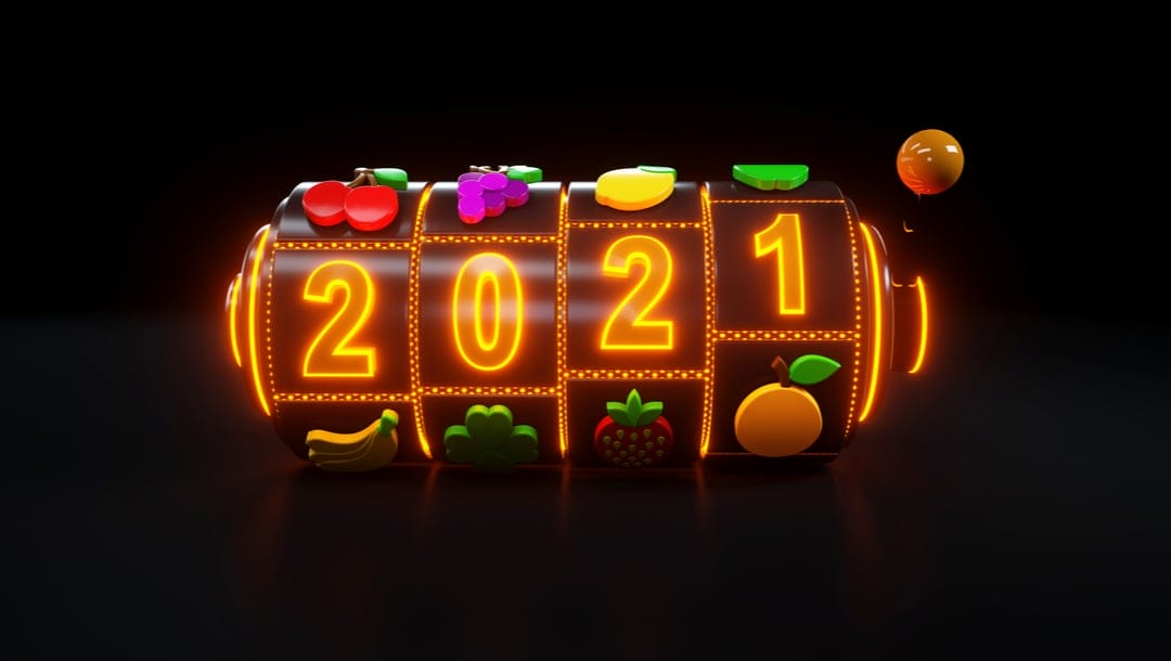 Illustration of a neon-lit set of slot reels showing fruit symbols and ‘2021.’