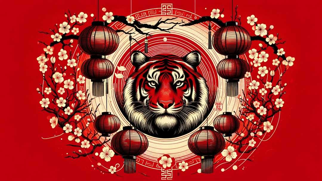 A red background with drawn circles around an animated tiger, and Chinese paper lanterns and cherry blossoms hanging from the top, right above the tiger.