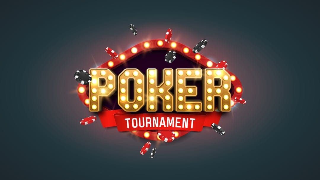 The words ‘poker tournament’ in lights against a gray background, surrounded by poker chips.
