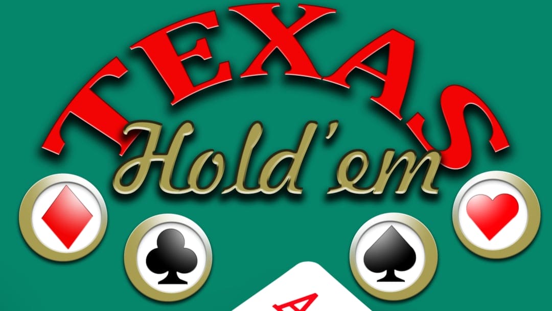 Texas Hold’em on a green background surrounded by playing-card icons.