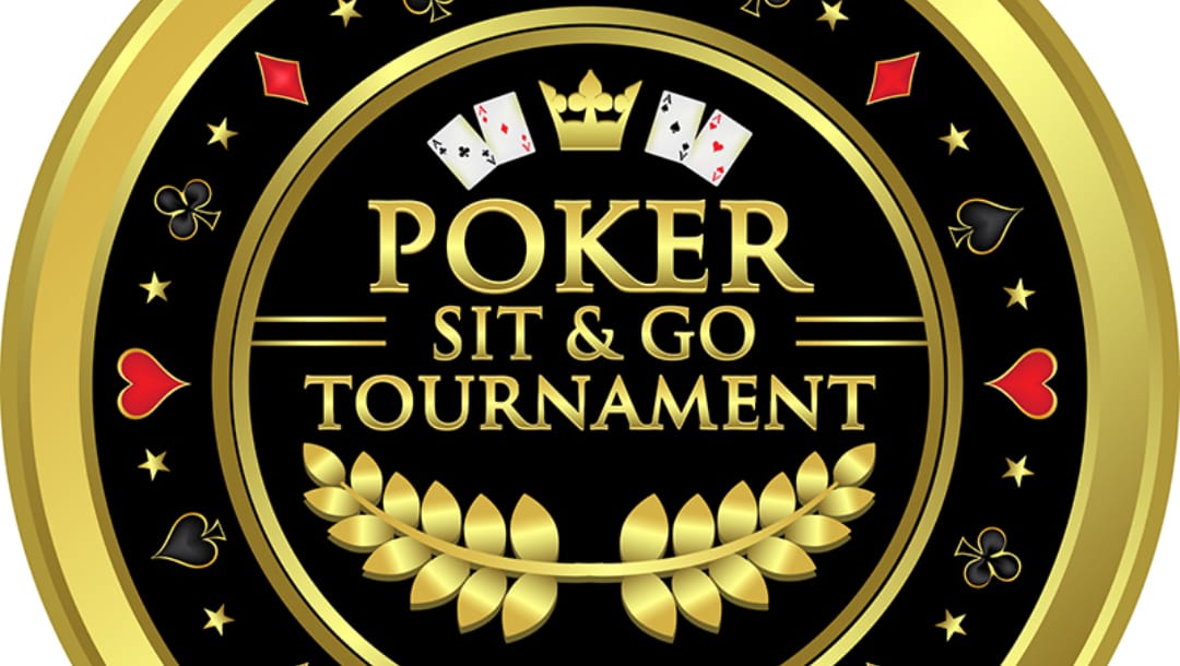 A vector image of the words “Poker Sit & Go Tournament” on a black and gold poker chip.