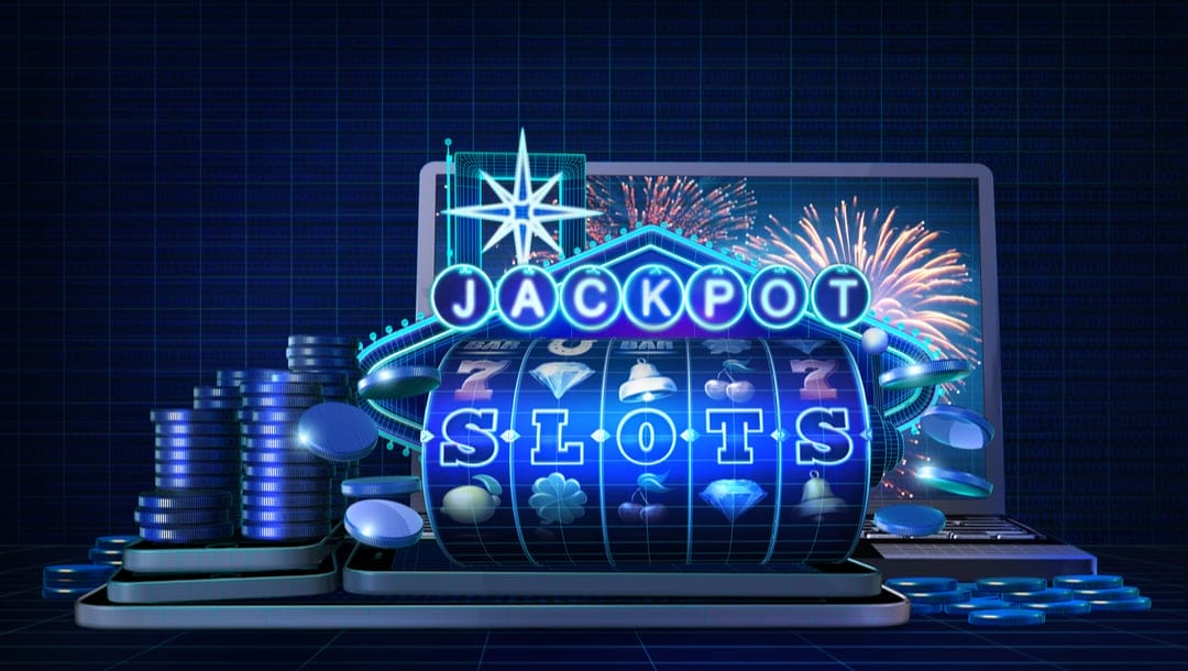 A vector image of slots reels, mobile devices and casino chips with the word “jackpot” above.