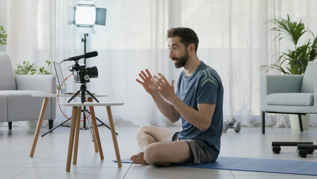A man in shorts and a t-shirt sitting on a yoga mat speaks into a camera.