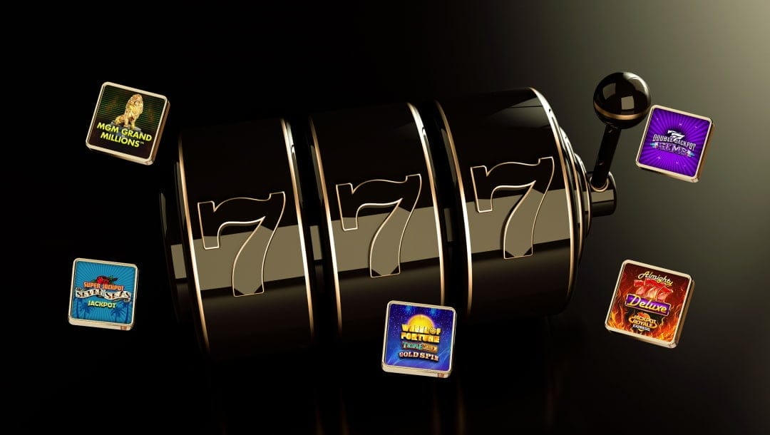 Glossy black slot machine showing a triple seven win, surrounded by floating game icons like MGM Grand Millions, Mirage Free Games, and Dancing Drums Deluxe.