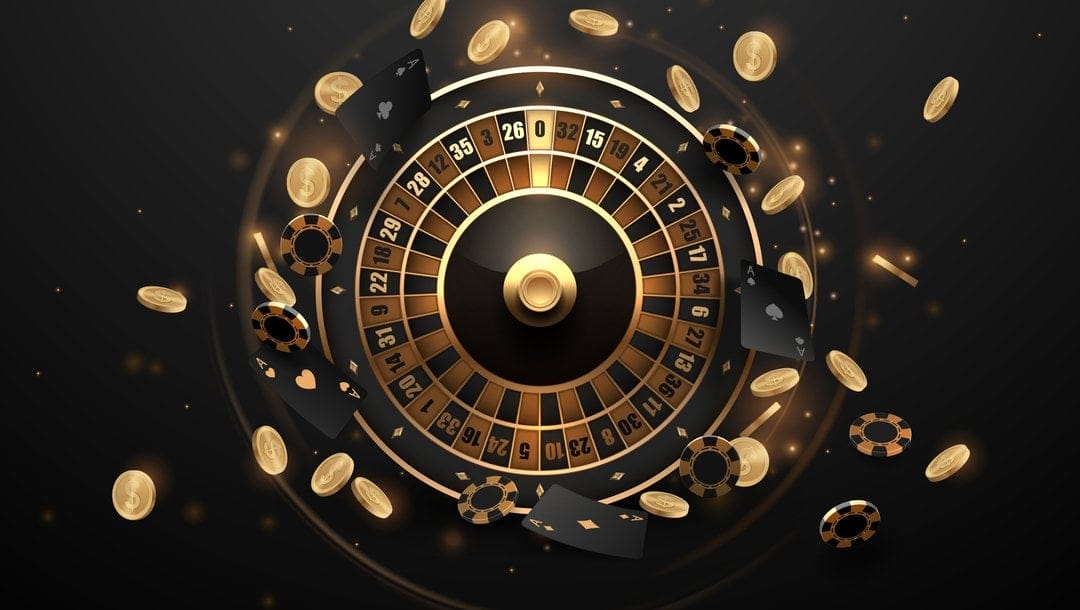 An illustration of a golden roulette wheel surrounded by coins, cards and casino chips.