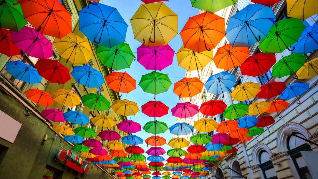 Colorful umbrellas lining a city street.
