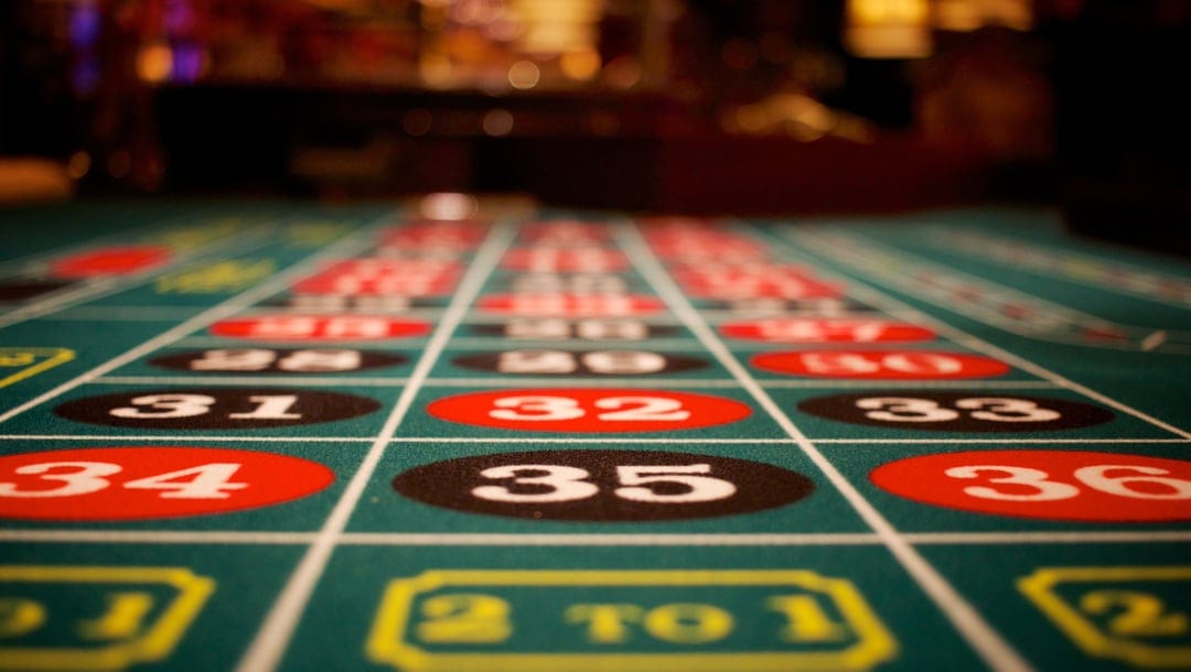 Close-up views of the numbers on a roulette table.