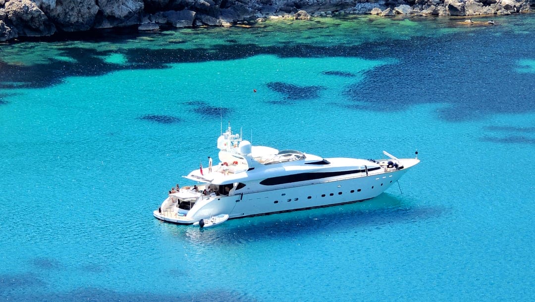 A luxury yacht off the coast of the Spanish island of Ibiza.