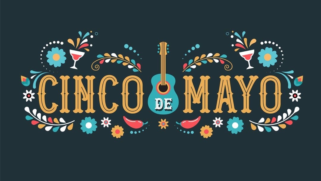 A banner for Cinco de Mayo with a guitar, chilies, and other Mexican symbols.