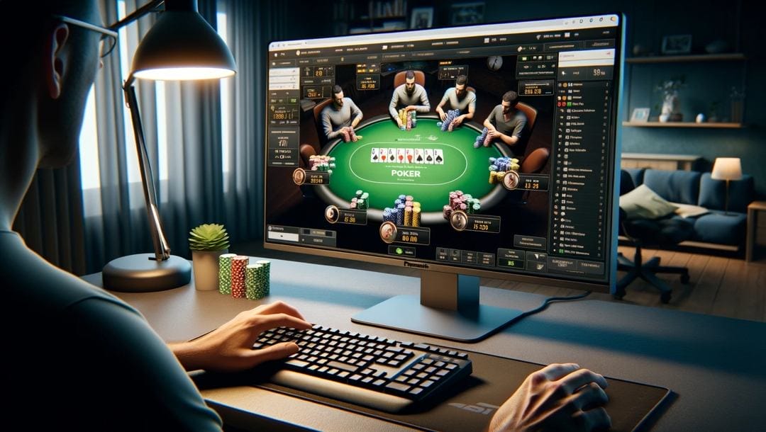 An image of a person's hand on a keyboard while watching a live poker game on a computer screen.