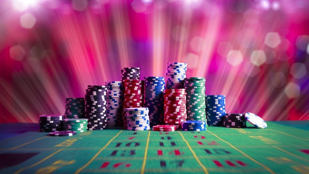 A casino table with stacks of casino chips.