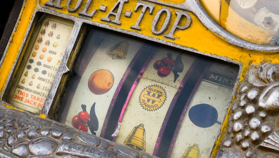 Close-up of a vintage slot machine.