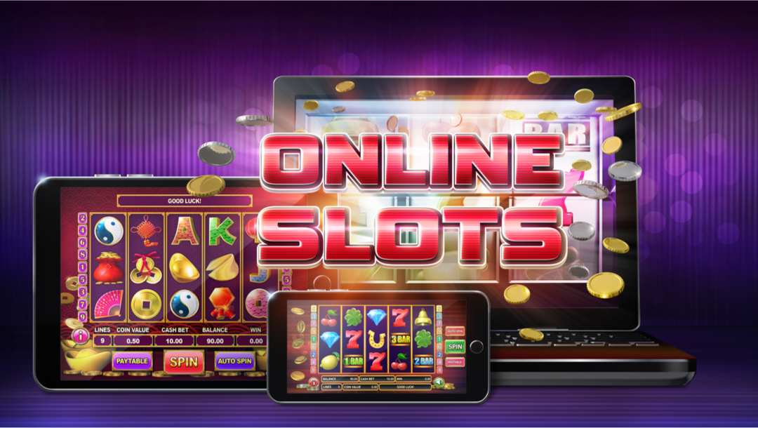 Online slots promotional banner displayed on smartphones, tablet and laptop.