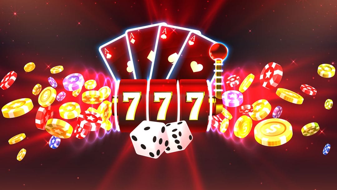 An illustration of a casino reel with three sevens surrounded by playing cards, casino chips, coins and dice.