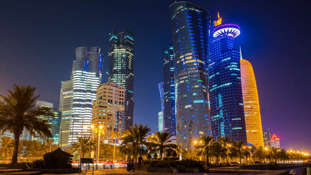 The Doha city center at night.