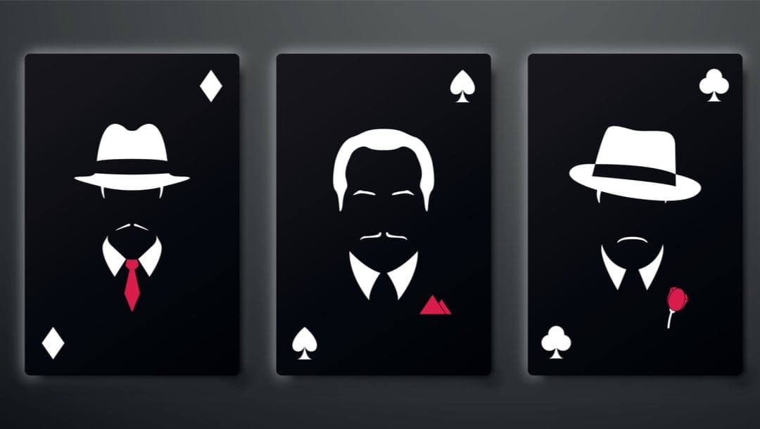 Different mafia character silhouettes on playing cards.