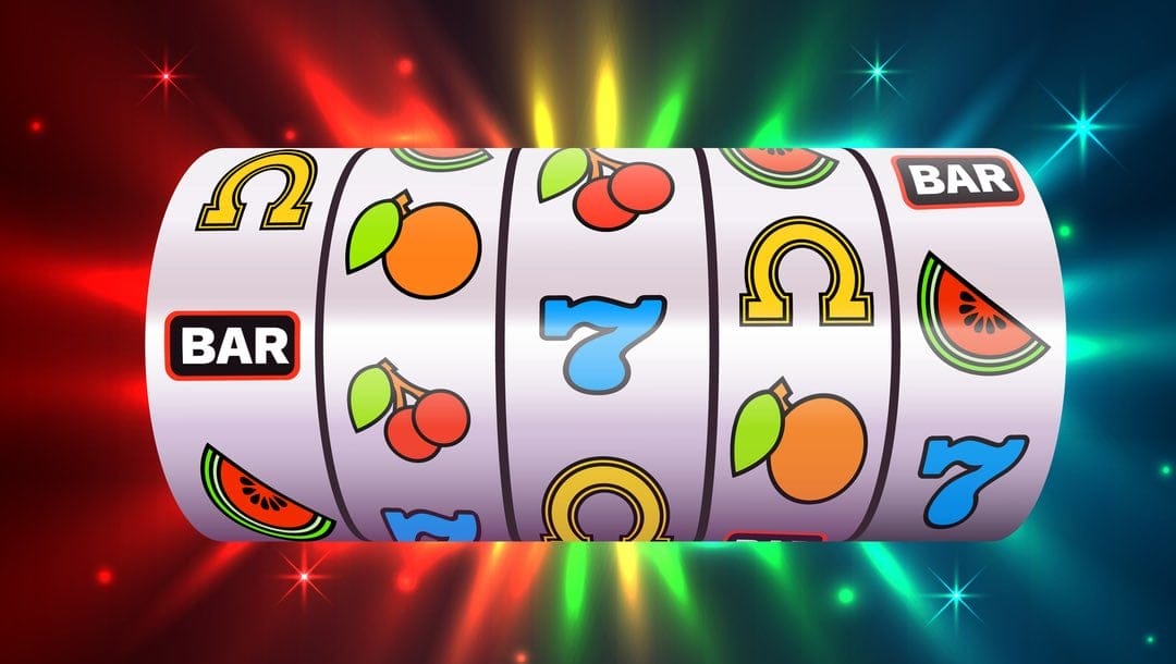 A slots reel on a colorful background.