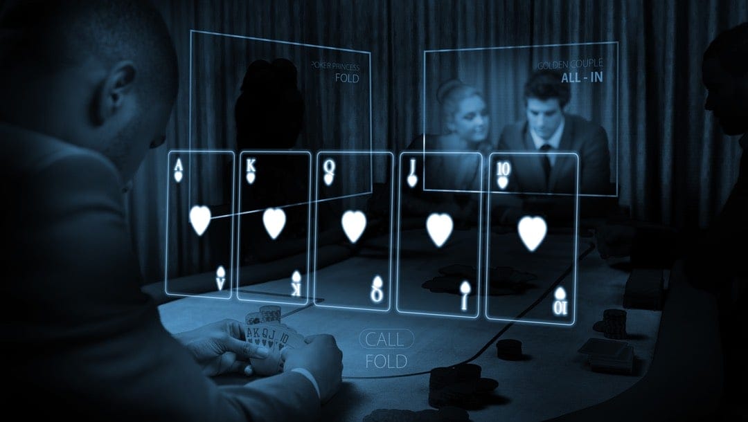 Virtual reality casino games concept, playing cards displayed on screen at a casino table.