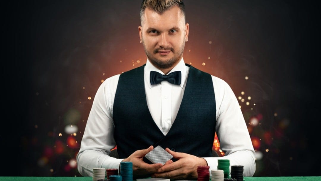 A male croupier holds a deck of cards in his hands.