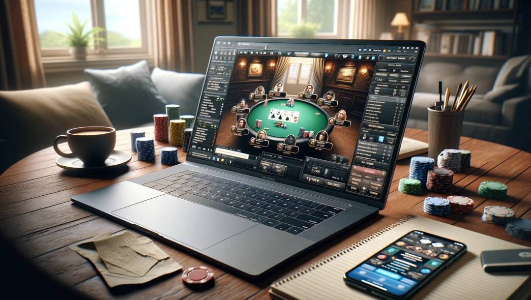 a laptop, some poker chips and a notebook on a table. On the laptop screen is a live online poker game