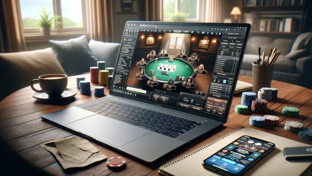 A laptop displaying an online poker game is set on a wooden table in a cozy home. The screen shows a virtual poker table with multiple player avatars, game statistics, and chat options. Surrounding the laptop are poker chips in various colors, a smartphone with a poker app open, a cup of coffee, a notepad with a pen, and scattered papers.