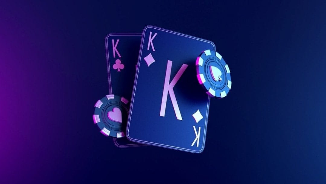 A 3D rendering of two playing cards and poker chips.