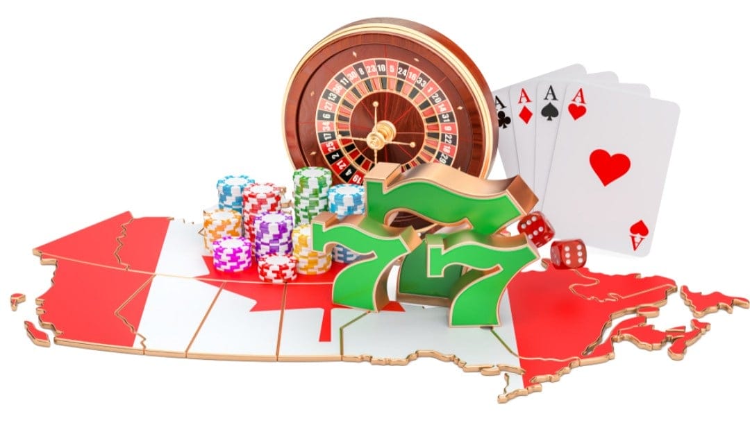 A map of Canada with various gambling-related items, such as casino chips, a roulette wheel and playing cards.
