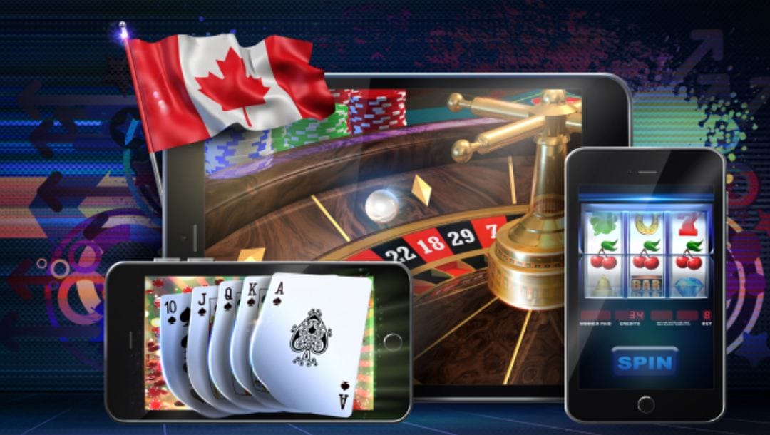 Various casino games on mobile devices, with a Canadian flag in front.