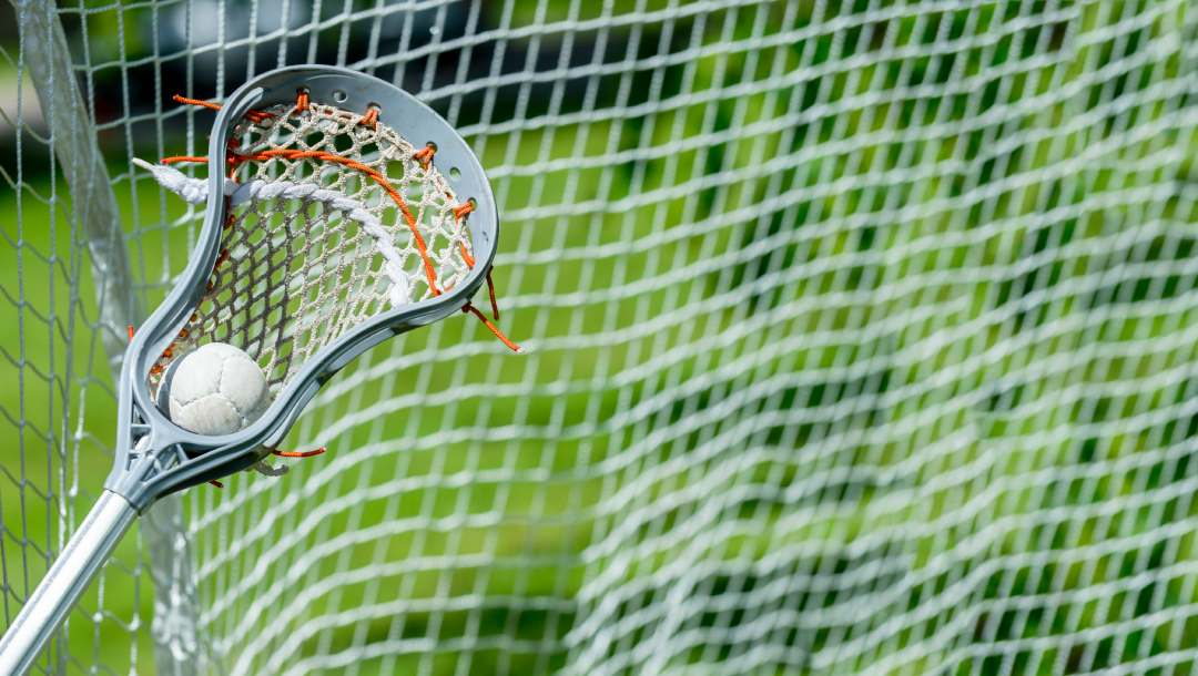 A lacrosse stick and ball with a net in the background.