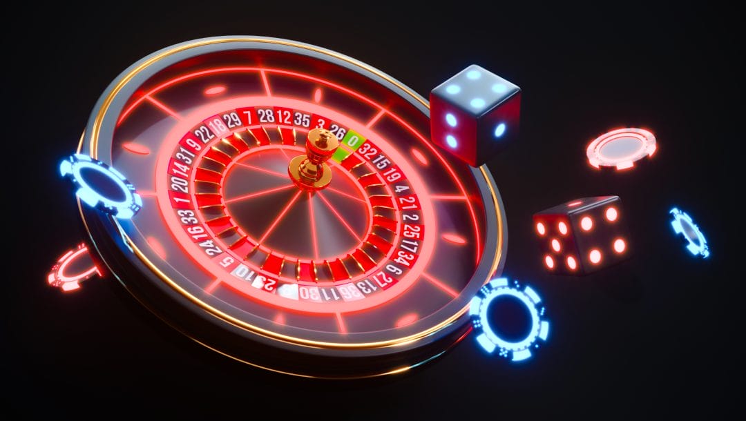 A neon roulette wheel, dice and casino chips against a black background.