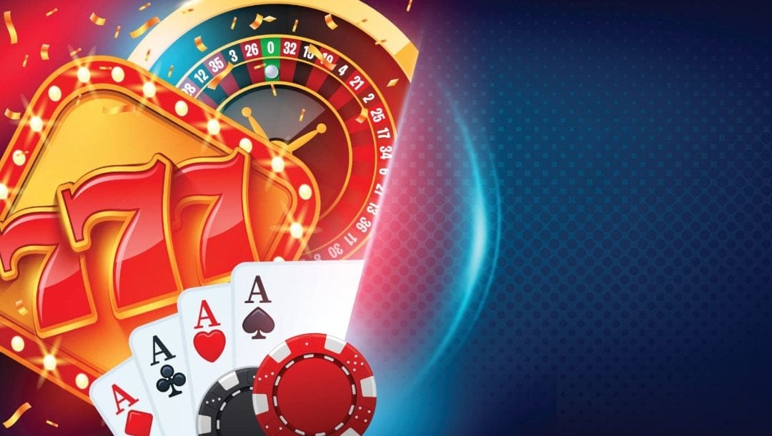A montage of various casino games, including four aces from a deck of cards, a roulette wheel, a triple 7 from a slot game and a pair of casino chips.