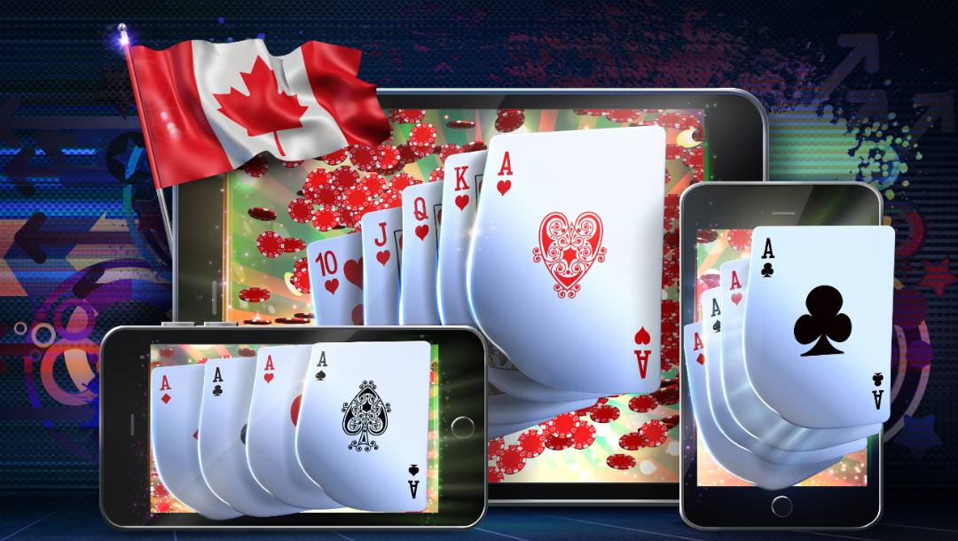 A variety of devices with playing cards on them, including a tablet and two mobile phones. The Canadian flag flies above them.