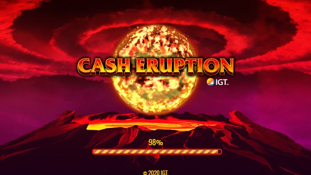 The Cash Eruption slot machine logo, a ball of fire floating above an active volcano.
