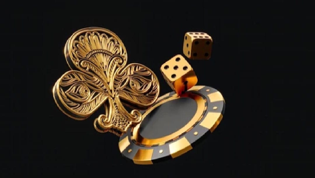 3D illustration of a black and gold casino chips and dice next to a detailed gold clubs symbol.