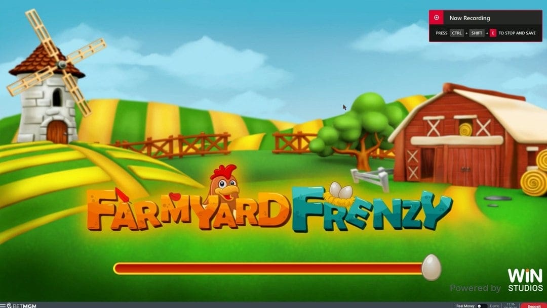 Loading screen/title page in online slot Farmyard Frenzy by Win Studios