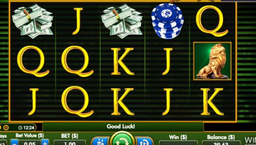 The base game screen for MGM Grand Millions with stacks of cash, casino chips, a golden lion, and card symbols on the reels