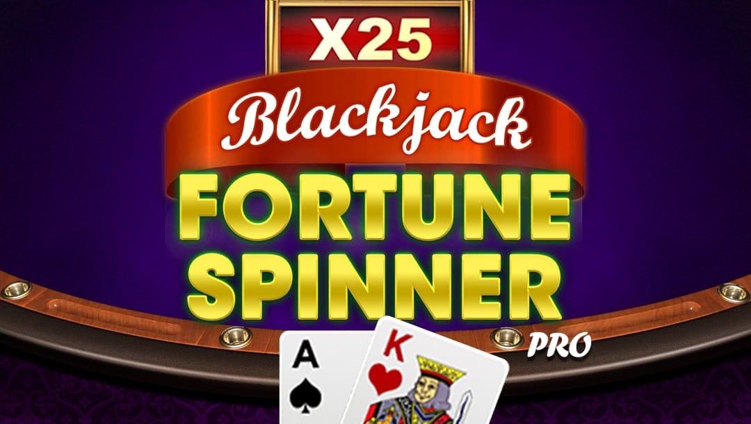 Blackjack Fortune Spinner Pro online casino game logo in gold, white, and red. There are two playing cards (Ace and King) below the logo. The background includes a blue and wooden blackjack table.